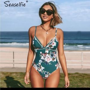 V-neck lace up monokini green floral monokini bath